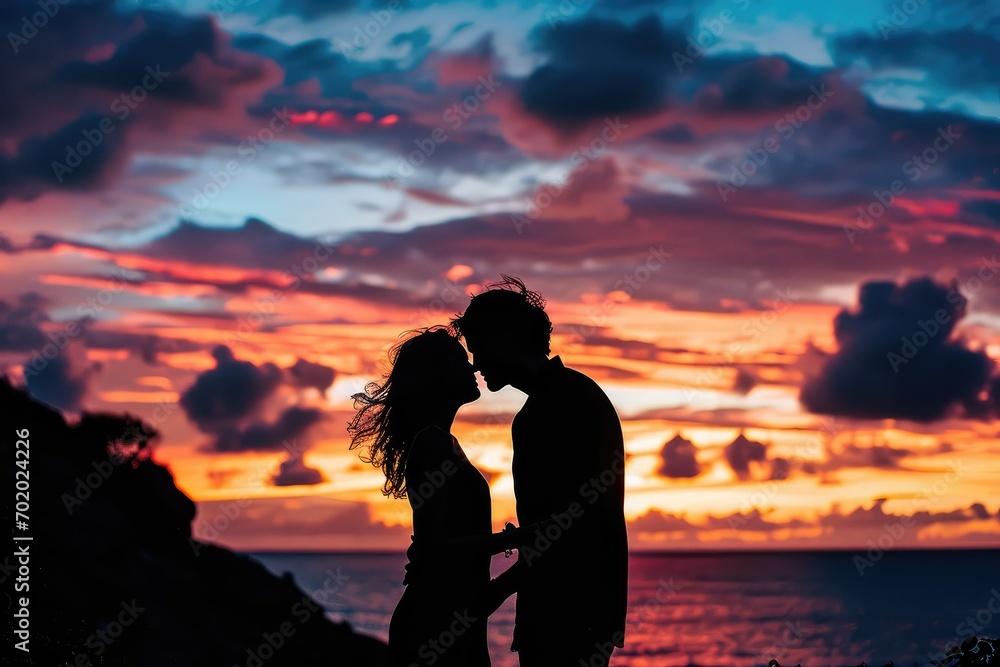 A tender and peaceful silhouette of a couple sharing a slow kiss, the colorful sunset sky a testament to the timelessness and beauty of their love.