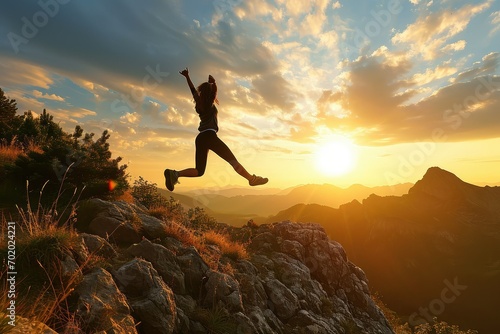 A successful woman on the mountain top, her jump capturing the essence of freedom and success, as the first rays of the sun illuminate her path to greatness. © Lucija