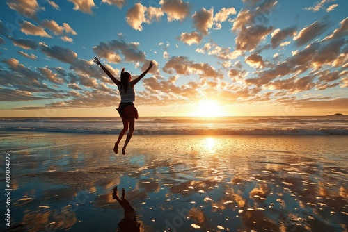 A successful woman embraces the early morning light on the beach, her leap an expression of the exhilaration and satisfaction of reaching her personal summit. photo