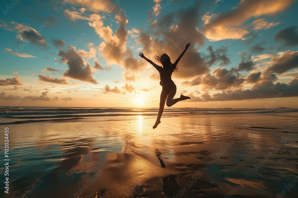 A woman on the cusp of greatness, her silhouette against the rising sun on the beach, leaping with open arms as a gesture of her readiness to conquer new heights. - obrazy, fototapety, plakaty 