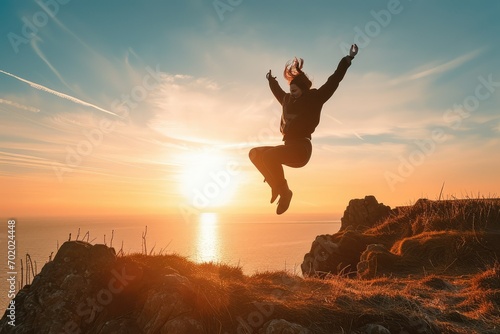 A woman in mid-air, her heart soaring with the sun's rise, her leap symbolic of reaching new heights, embracing challenges, and savoring the victory of her endeavors.