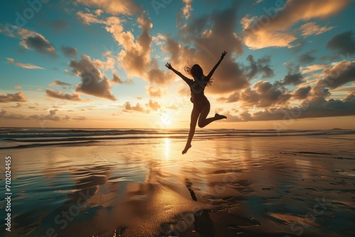 A woman on the cusp of greatness, her silhouette against the rising sun on the beach, leaping with open arms as a gesture of her readiness to conquer new heights. photo