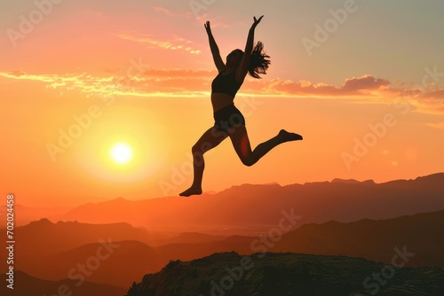 A woman on the peak of success, her leap into the air a powerful gesture of triumph and joy, as the sun's first light heralds the start of an auspicious day.