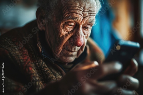 A worried old man squinting at his phone screen, trying to make sense of the icons and apps, embodying the struggle and the need for more intuitive technology for the elderly.