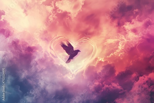 An abstract composition with a bird silhouette forming a heart amid swirling pastel clouds, creating a dreamy and romantic atmosphere for Valentine's Day. photo