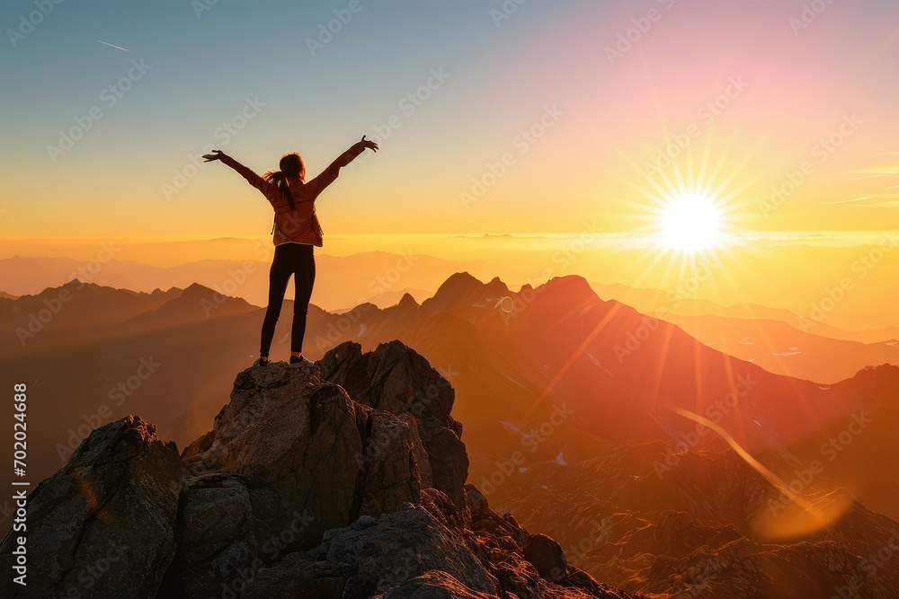 An exuberant woman stands atop a mountain peak, arms outstretched towards the rising sun, her silhouette a symbol of triumph and new beginnings.