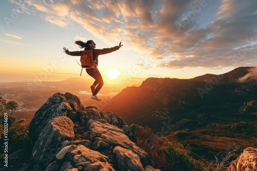 An elated woman on the mountaintop, her joyful leap an expression of freedom and accomplishment, with the sunrise painting a breathtaking canvas of her success.