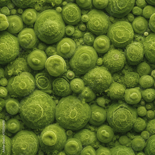 Unicellular green algae chlorella spirulina with large cells single-cells with lipid droplets. Watercolor seamless horizontal border macro microorganism bacteria for cosmetics biological biotech photo