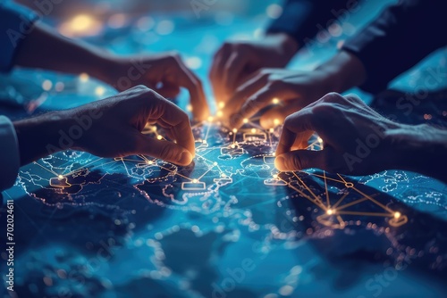 An assembly of business leaders joining hands over a map, with blockchain nodes connecting them, illustrating the integration of technology and human empathy in global partnerships. photo