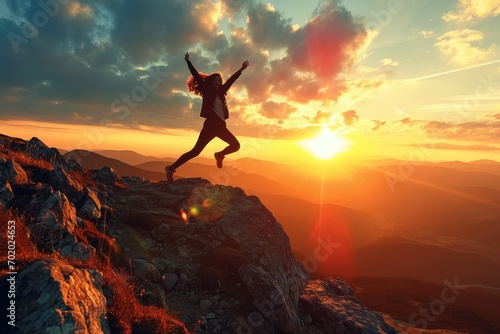 An empowered woman rejoices at the break of dawn on a mountain crest, her leap a dance of joy and accomplishment against the backdrop of a glorious sunrise.