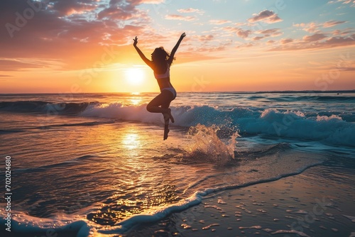 An exuberant businesswoman celebrates her latest achievement with a liberating jump on the beach, the sunrise illuminating her path to continued success and growth.