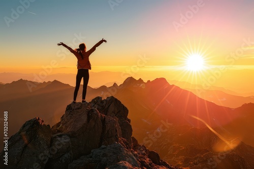 An exuberant woman stands atop a mountain peak  arms outstretched towards the rising sun  her silhouette a symbol of triumph and new beginnings.