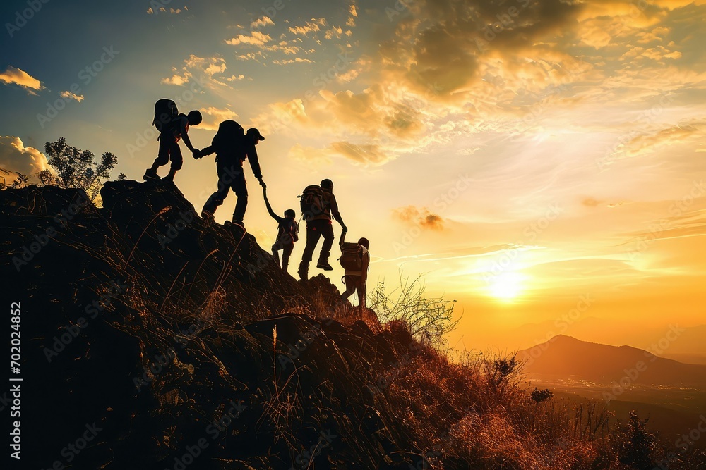 Silhouettes of a family against the dawn light, reaching the summit together, their collective triumph a symbol of how family support and teamwork pave the path to success.