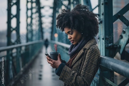 An urban professional on a bridge, her eyes locked on her mobile screen as she sips her coffee, embodying the modern woman's ability to multitask and stay connected.