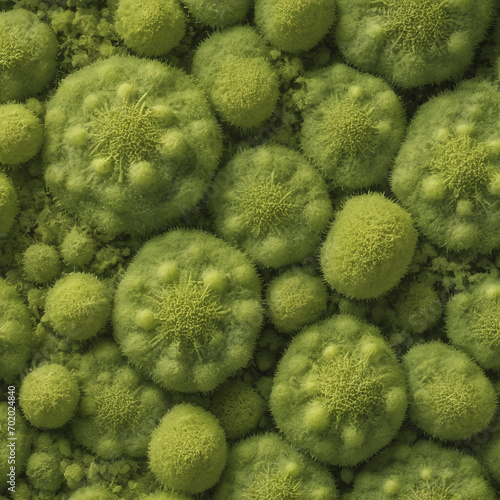 Unicellular green algae chlorella spirulina with large cells single-cells with lipid droplets. Watercolor seamless horizontal border macro microorganism bacteria for cosmetics biological biotech photo