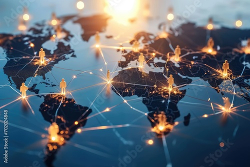 Professionals from various continents forming a human chain over a world map, blockchain links binding them, illustrating the collaborative and secure nature of global business networks.