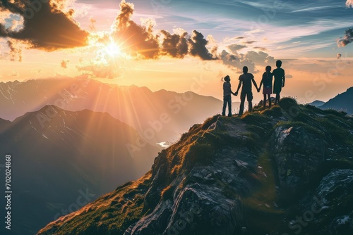 The outline of a family against a majestic mountain backdrop, their linked hands and upward gaze a powerful portrayal of the unity, support, and shared vision that drive family success. photo