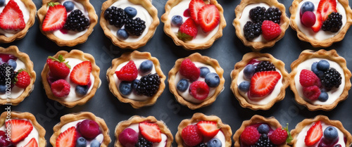 Delicious fruit tarts topped with fresh berries and cream on a dark surface. 