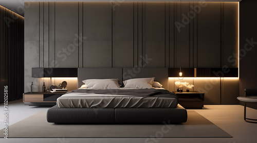 Ideas and reference for modern bedroom interior design. Home resting place, bed. Apartment and house. Lighting, bright space, carpet, sconces. Strict dark style. Backlit walls. © Denflow