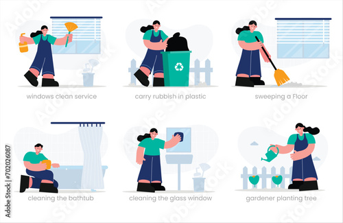 Housekeeping worker set. People doing windows clean service, carry rubbish in plastic,  swepping a floor, cleaning the bathtub, cleaning the glass window and gardener planting tree vector illustration