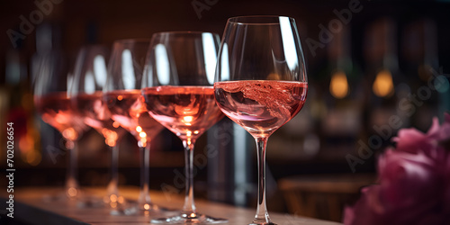 Row of glasses of rose wine at wine tasting on restaurant background Illustration close-up on bar counter against blurred background.AI Generative 