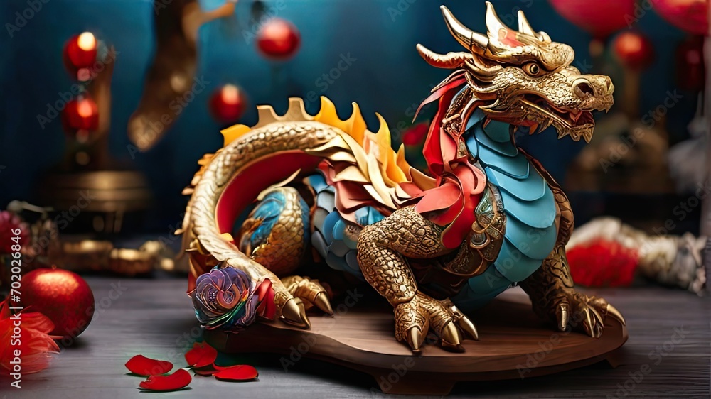 Colorful dragon on a wooden background. Chinese New Year concept.