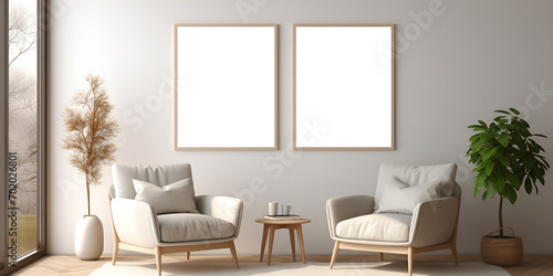 white couch with cushions a photo frame above it on a white wall. the photo is in the style of featuring a simplistic sofa design with white and gold accents. the artwork is reminisce.AI Generative © abuhurarah