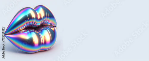 3d irridescent chrome reflective lips shape on white background. Generative AI. photo