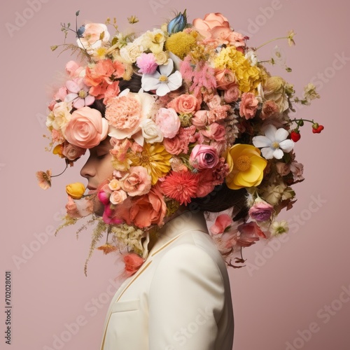 Floral Opulence. Artistic Portrait - Woman's Profile Adorned in Blooms