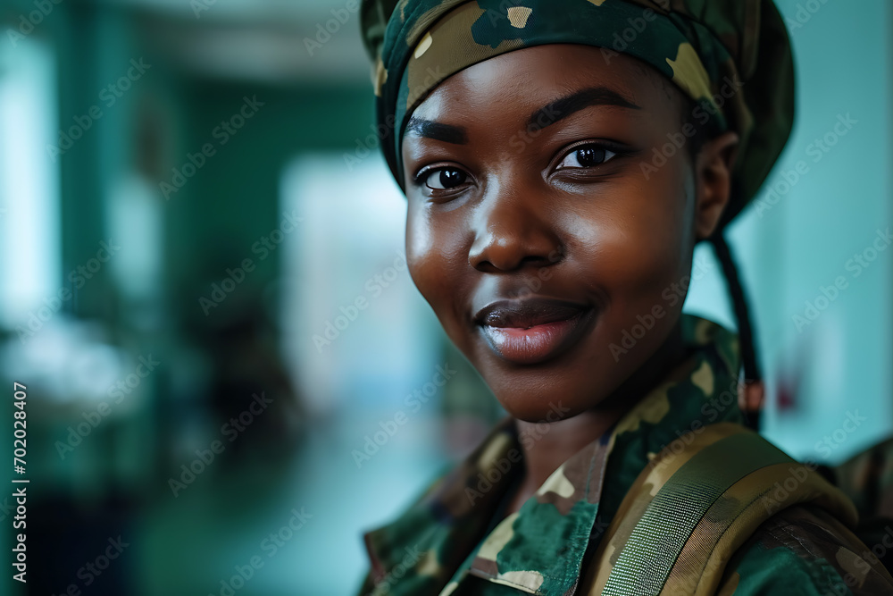 black african american female soldier wearing military uniform on hospital background black african american female soldier wearing military uniform on hospital background