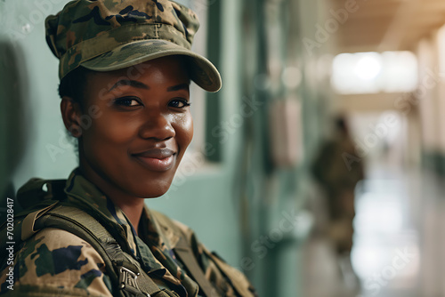 black african american female soldier wearing military uniform on hospital background photo