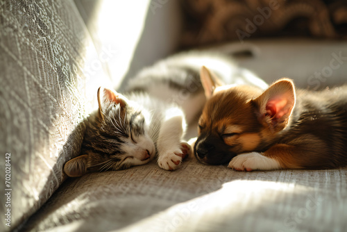 Cute kitten and puppy sleeping at home on the couch