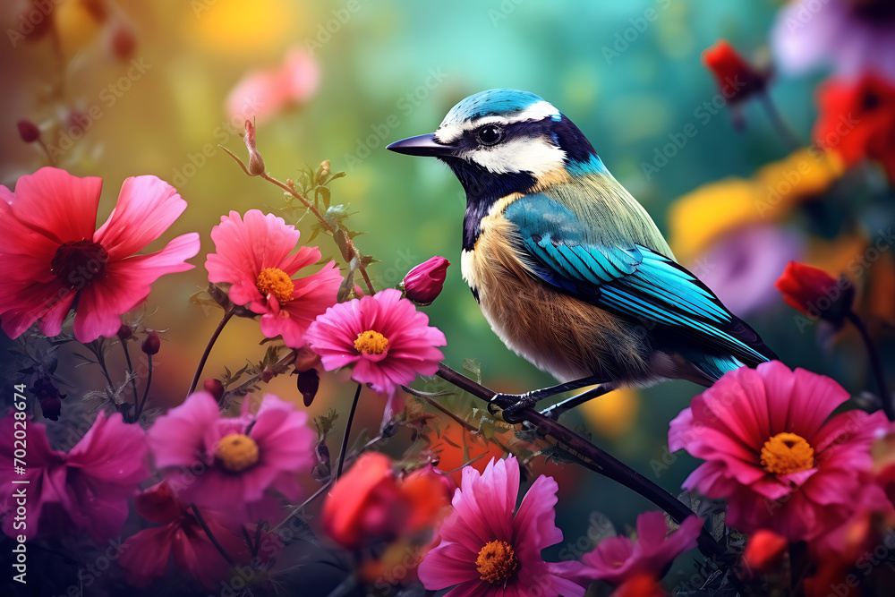 Obraz premium exotic blue bird among of pink flowers on a background of summer nature