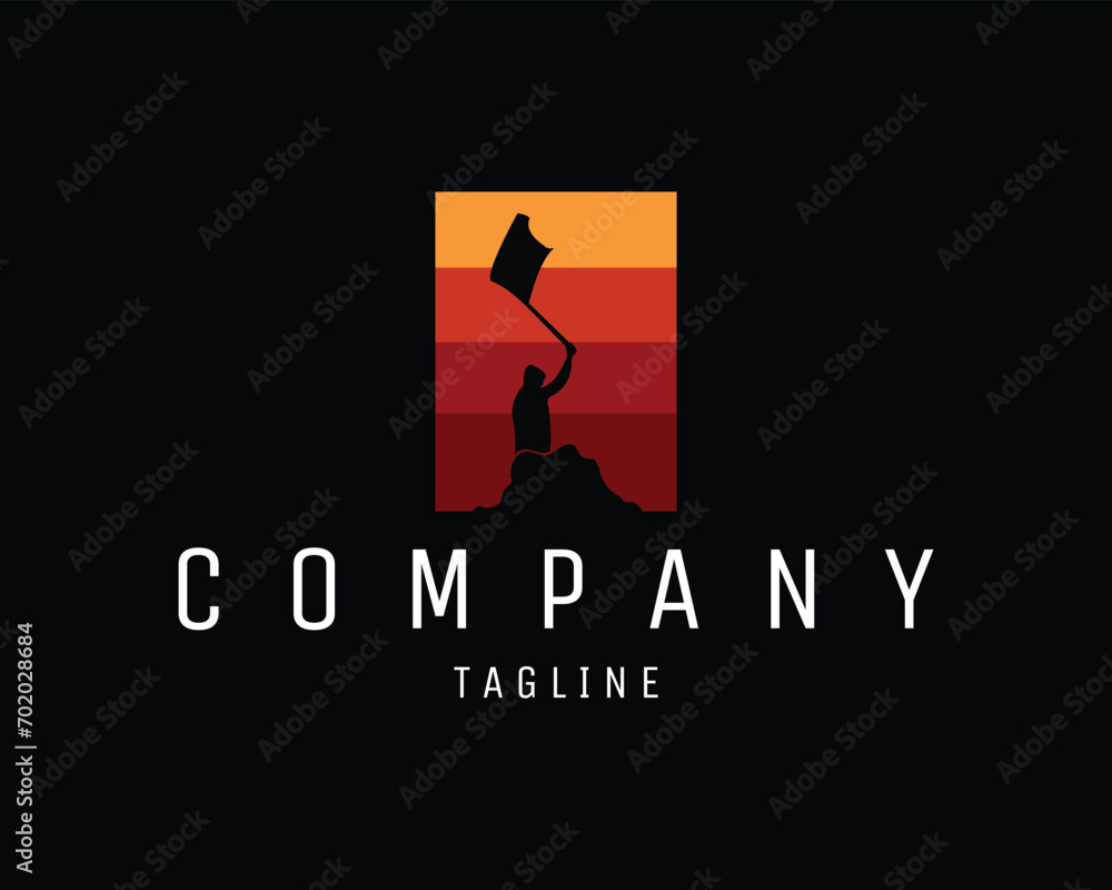 climber on top of mountain holding flag silhouette. premium vector design. isolated for logo, badge, emblem, icon, design sticker, t-shirt. available in eps 10