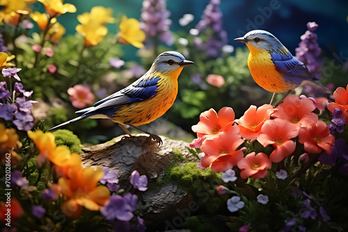 couple exotic yellow birds among of colorful flowers on a background of summer nature © Marina Shvedak