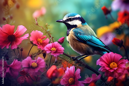 exotic blue bird among of pink flowers on a background of summer nature
