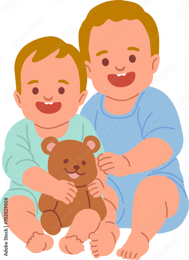 Two Babies playing a Teddy Bear Together Two Babies playing a Teddy Bear Together
