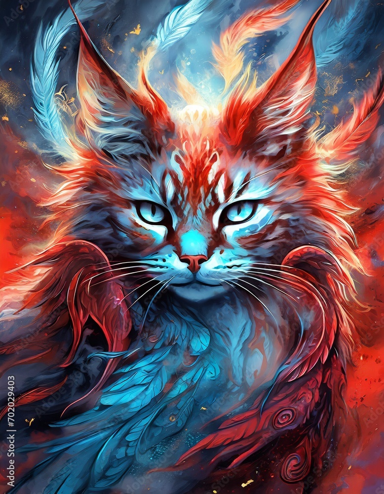 close up of mystic cat, like a phoenix, red and yellow colors digital