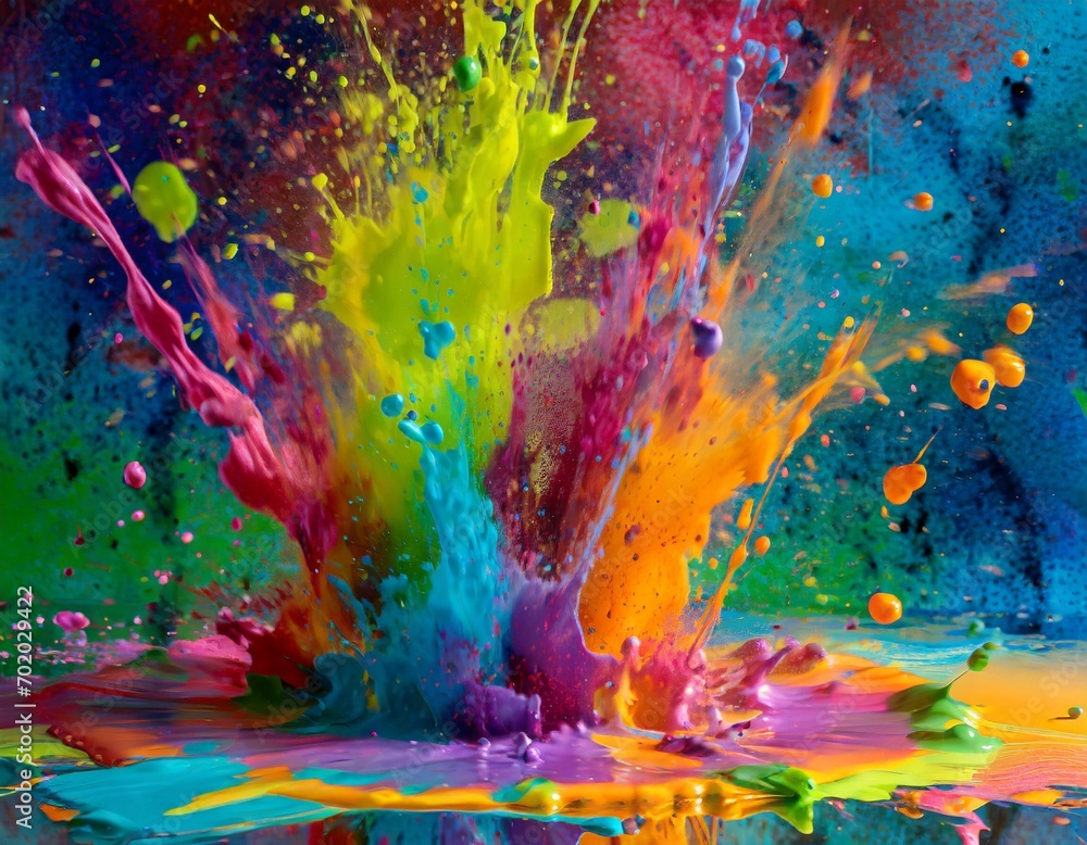 a backdrop of colorful paint splatters crashing into each other