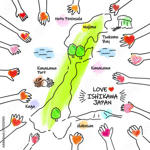 石川県のマップと愛を捧げる人々の手