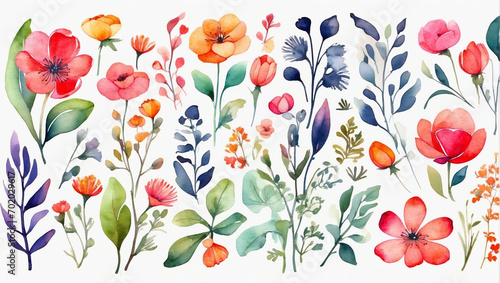 Beautiful romantic folk art watercolor flower collection with leaves  floral bouquets  flower compositions  valentines day
