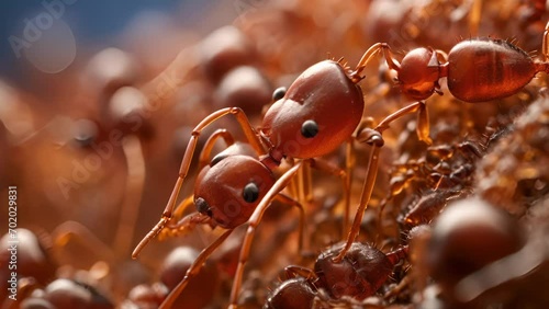 A detailed shot of a fire ants mandibles and their role in the creation of selfassembling structures, such as their intricate tunnel systems and protective mounds. photo