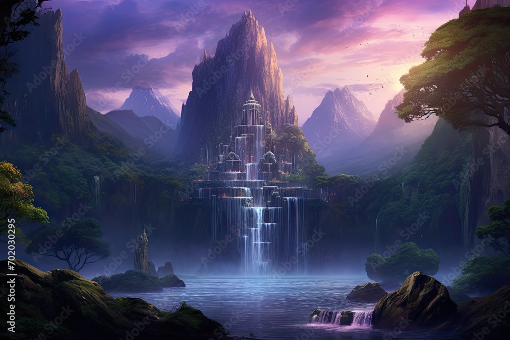Fantasy landscape with a waterfall in the mountains. 3d rendering, AI Generated - obrazy, fototapety, plakaty 