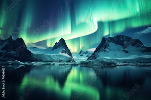 Aurora borealis, northern lights and snowy mountains in the background, AI Generated