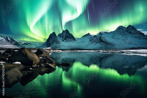 Aurora borealis, northern lights over snowy mountains in Iceland, AI Generated