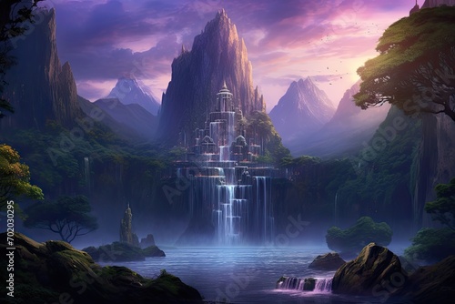 Fantasy landscape with a waterfall in the mountains. 3d rendering, AI Generated