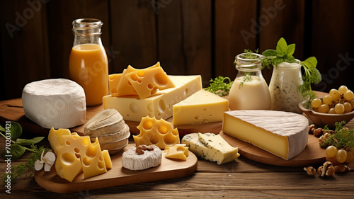 Assortment of tasty cheeses on a wooden background.