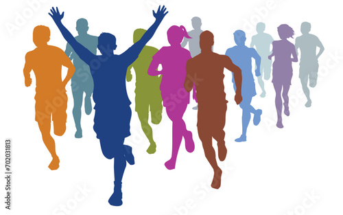 Group of young people running race isolated on white background.