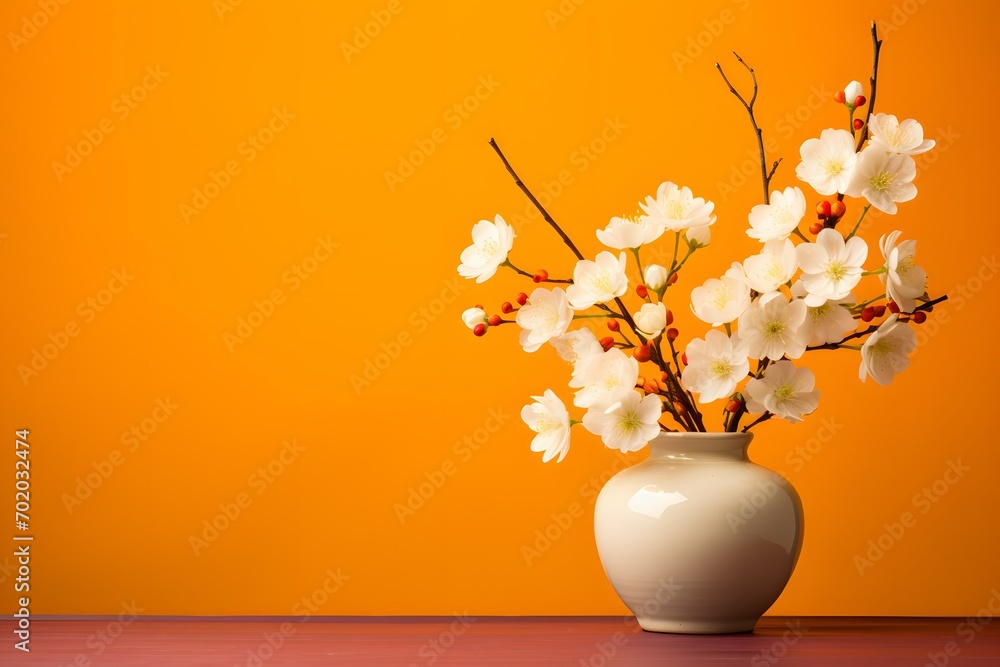 Elegant White Blossoms in a White Vase Against a Yellow Backdrop