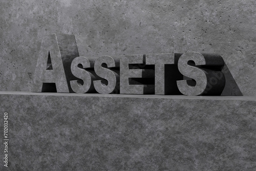 3d gray concrete stone word acronym assets, embossed block text on concrete surface with copy space, illustration of financial concept 